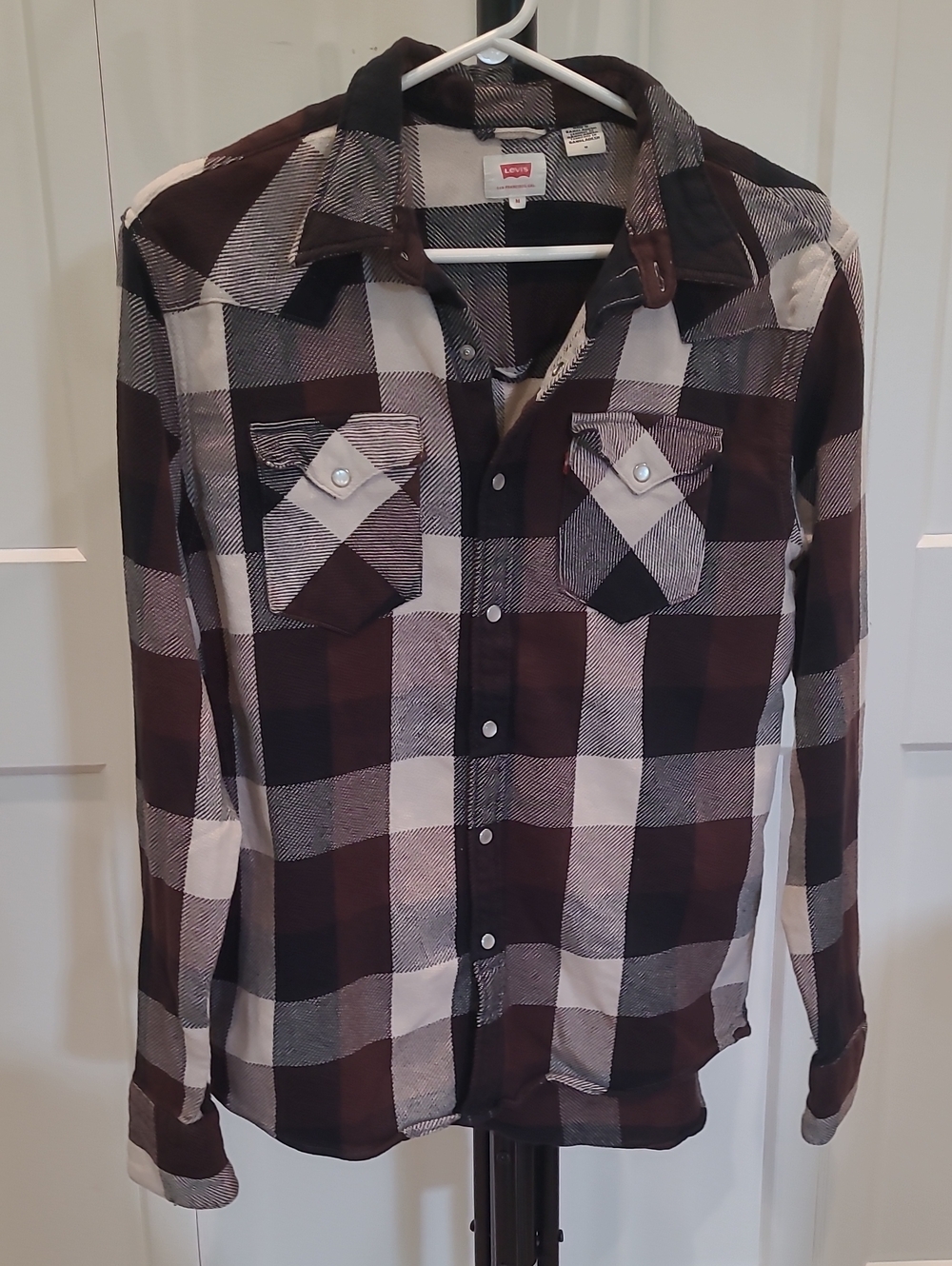 Levi's Men's Brown, Black and White Plaid Button-Down Shirt With Snaps